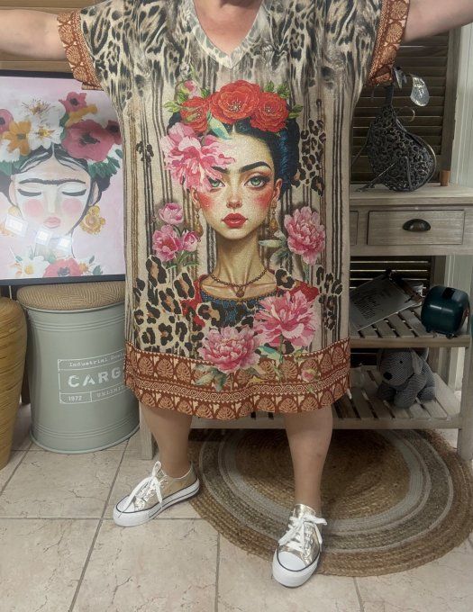 Robe mi-longue lurex beige pailleté doré Frida Kahlo style Art déco du 40 au 50 