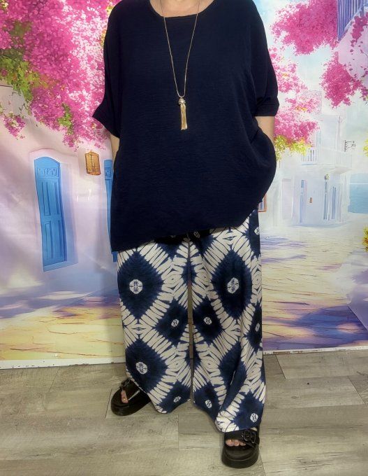 Ensemble tunique ample marine + pantalon palazzo cuisses larges marine blanc du 40 au 48