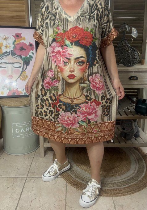 Robe mi-longue lurex beige pailleté doré Frida Kahlo style Art déco du 40 au 50 