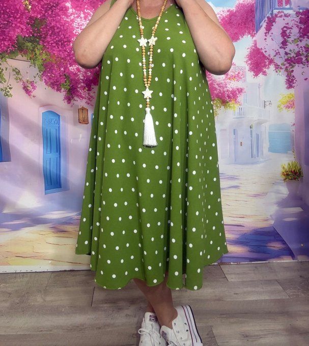 Robe trapèze mi-longue asymétrique Vert Olive à pois blancs douceur +++ du 38 au 48/50 