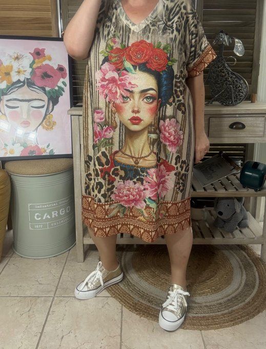 Robe mi-longue lurex beige pailleté doré Frida Kahlo style Art déco du 40 au 50 