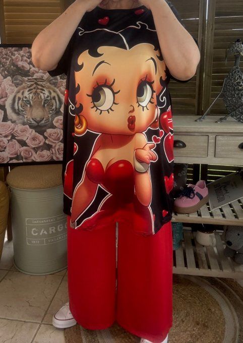 Tunique longue ou robe courte noire Betty Boop Coeurs rouges du 40 au 50/52 