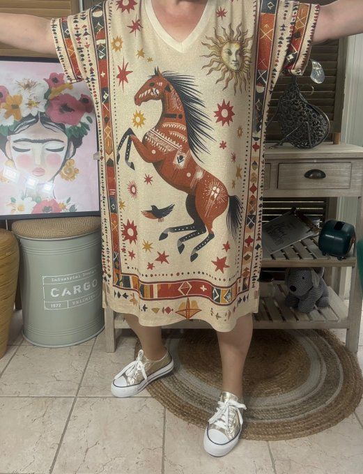 Robe mi-longue lurex beige pailleté doré Le Cheval et le Soleil du 40 au 50