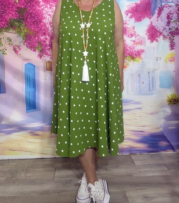 Robe trapèze mi-longue asymétrique Vert Olive à pois blancs douceur +++ du 38 au 48/50 