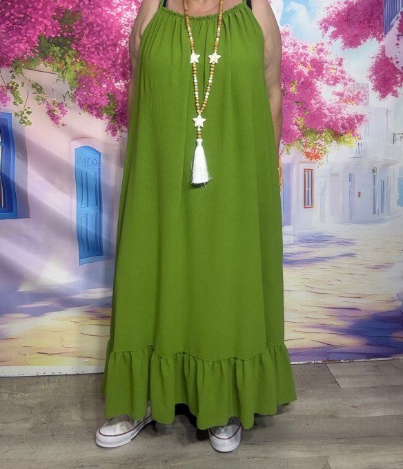 Robe ample longue volantée Pistache fines bretelles Bohème Chic douceur +++ du 40 au 54
