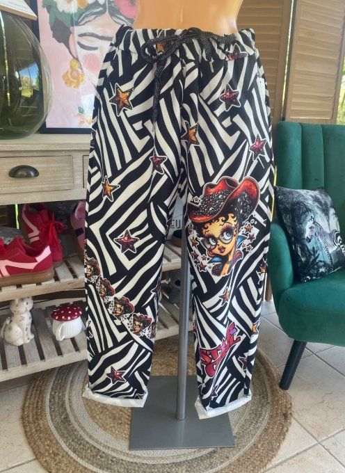 panta jogg  (dit magique) zébré noir & blanc Betty Boop Country Girl du 40 au 50