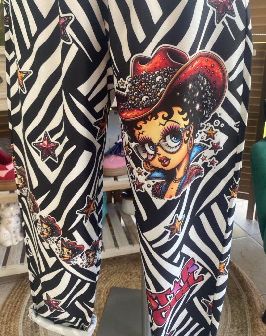 panta jogg  (dit magique) zébré noir & blanc Betty Boop Country Girl du 40 au 50