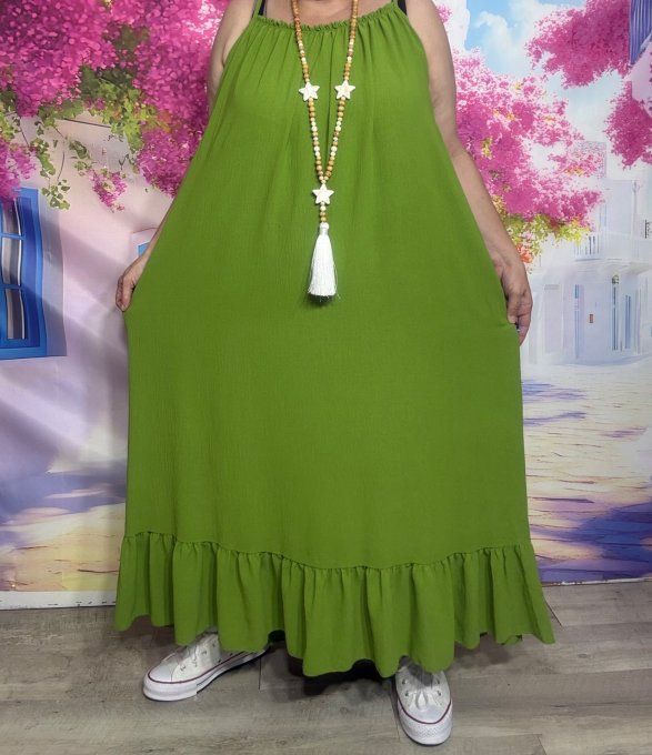 Robe ample longue volantée Pistache fines bretelles Bohème Chic douceur +++ du 40 au 54