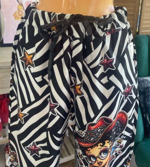 panta jogg  (dit magique) zébré noir & blanc Betty Boop Country Girl du 40 au 50