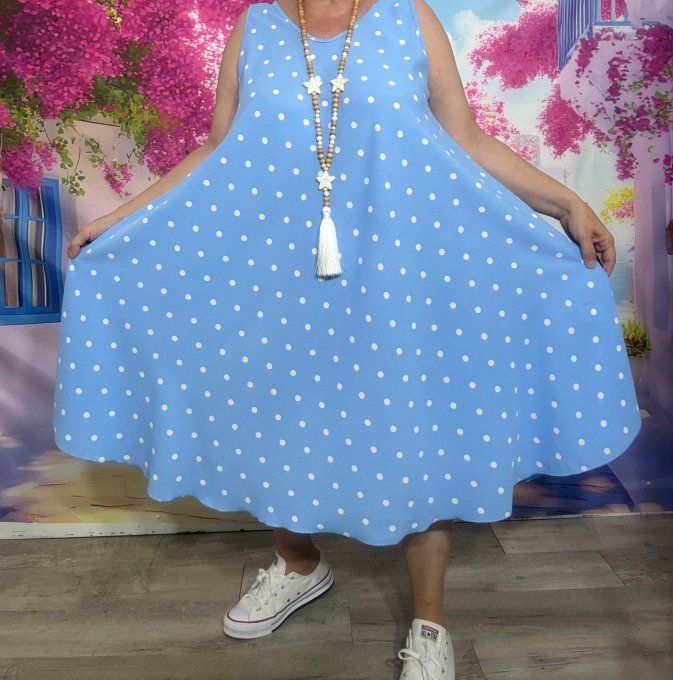 Robe trapèze mi-longue asymétrique Bleu Pastel à pois blancs douceur +++ du 38 au 48/50