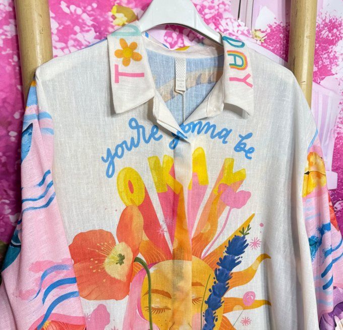 Chemise blouse ample Lin crème manches fleurs Summer Vibes Soleil Tigre du 38 au 48