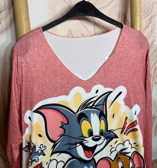 Tunique corail abricoté manches longues Tom et Jerry Looney Tunes du 40 au 50/52 