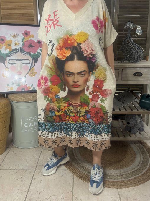 Robe mi-longue lurex beige pailleté doré Frida Kahlo More Amor du 36 au 46