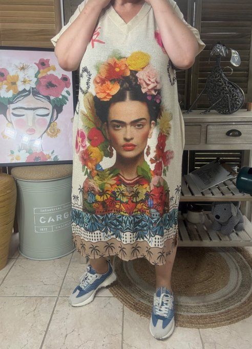 Robe mi-longue lurex beige pailleté doré Frida Kahlo More Amor du 36 au 46
