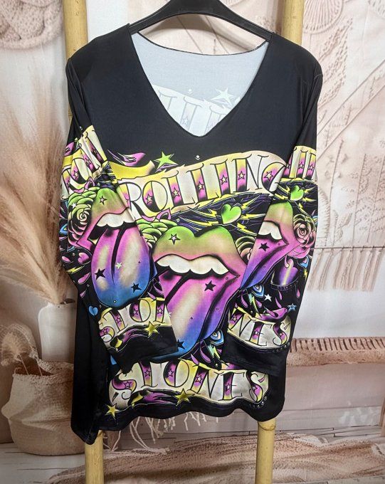 Tunique noire manches longues The Rolling Stones Pink Girls du 40 au 50/52 