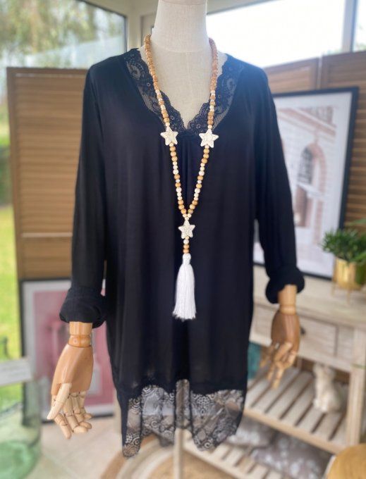 Sautoir étoiles pompon blanc marbré & perles bois bohème chic