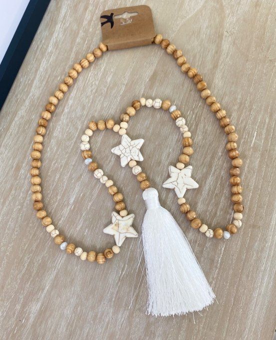 Sautoir étoiles pompon blanc marbré & perles bois bohème chic