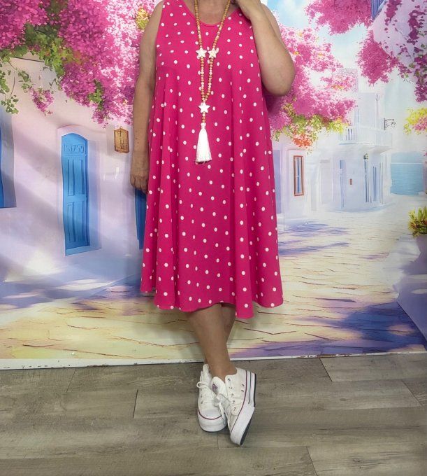 Robe trapèze mi-longue asymétrique Fuschia à pois blancs douceur +++ du 38 au 48/50