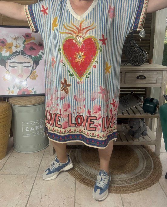 Robe mi-longue rayée ciel lurex beige pailleté doré Love Frida Kahlo du 40 au 50  