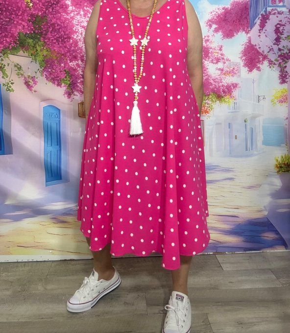 Robe trapèze mi-longue asymétrique Fuschia à pois blancs douceur +++ du 38 au 48/50