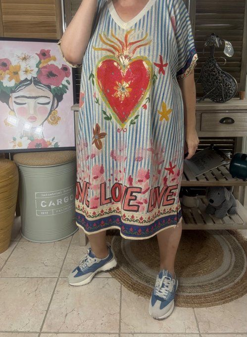 Robe mi-longue rayée ciel lurex beige pailleté doré Love Frida Kahlo du 40 au 50  