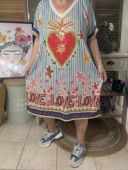 Robe mi-longue rayée ciel lurex beige pailleté doré Love Frida Kahlo du 40 au 50  