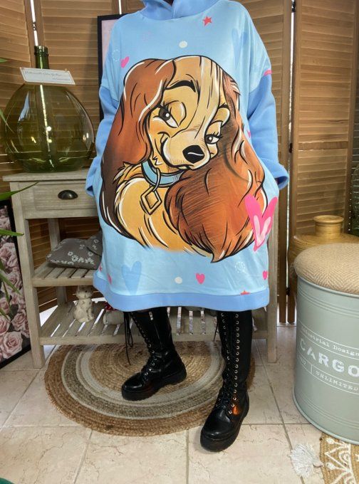 Sweat à capuche long ou robe sweat ciel La belle & Le Clochard. du 40 au 52