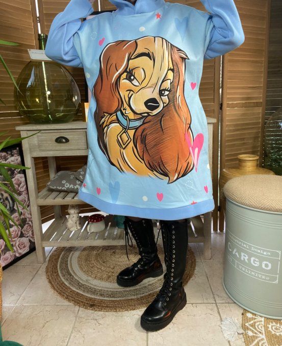 Sweat à capuche long ou robe sweat ciel La belle & Le Clochard. du 40 au 52