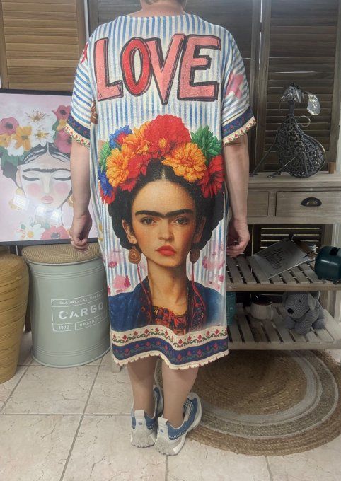 Robe mi-longue rayée ciel lurex beige pailleté doré Love Frida Kahlo du 40 au 50  