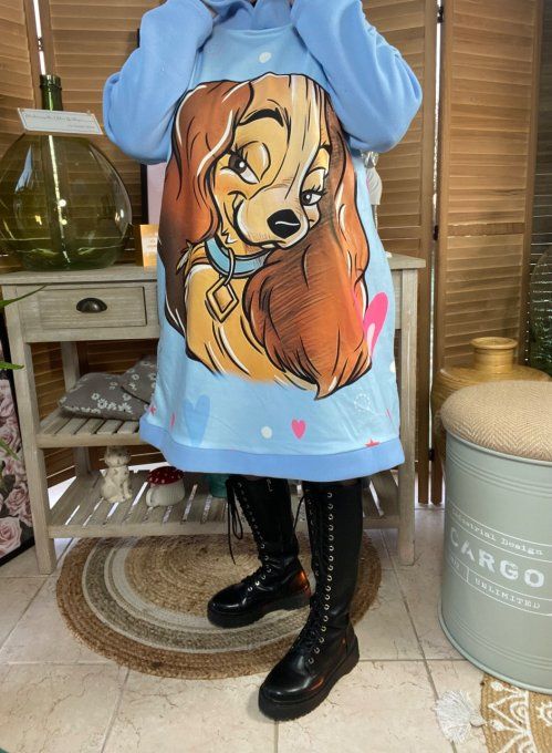 Sweat à capuche long ou robe sweat ciel La belle & Le Clochard. du 40 au 52