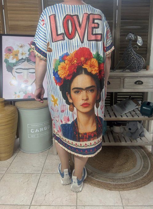 Robe mi-longue rayée ciel lurex beige pailleté doré Love Frida Kahlo du 40 au 50  