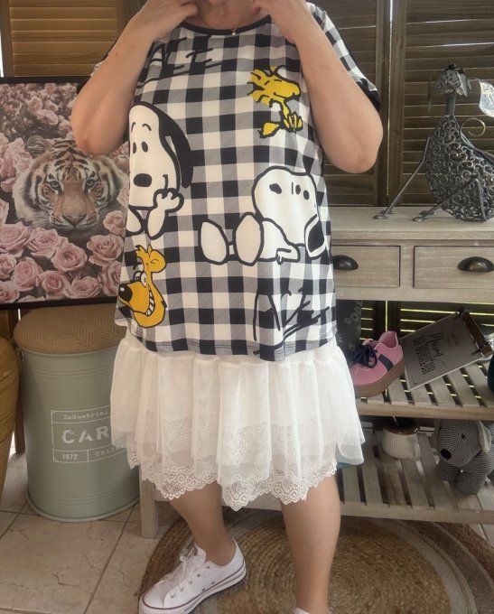 Top ample carreaux noir Snoopy & Woodstock du 38 au 48/50 