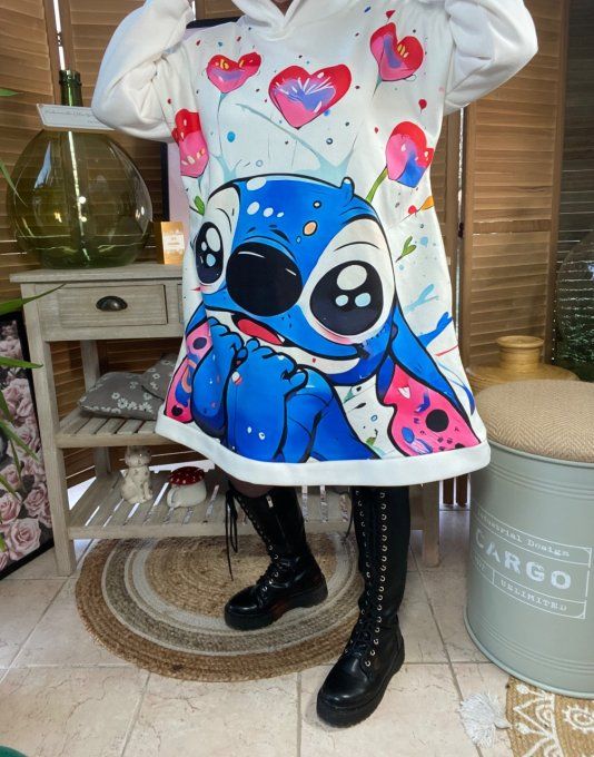 Sweat à capuche long ou robe sweat blanc Stitch. in Love du 40 au 52 