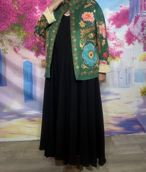 Veste suédine vert bouteille Effet Fleurs brodées Gypsie Bohème Chic du 36 au 46/48 