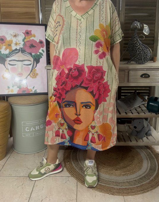 Robe mi-longue lurex beige pailleté doré Frida Kahlo revisitée Mexican Spirit du 36 au 46