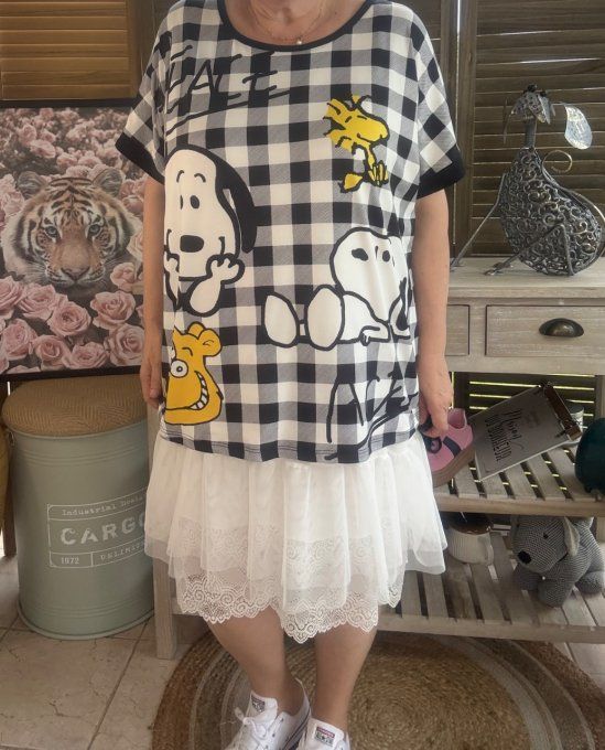 Top ample carreaux noir Snoopy & Woodstock du 38 au 48/50 