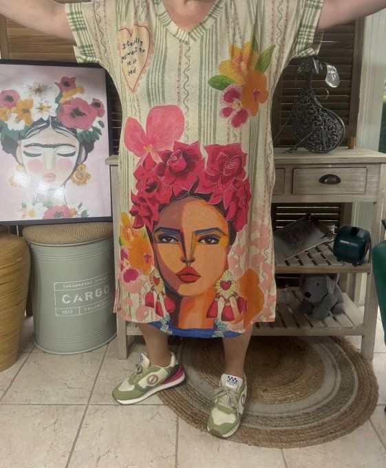 Robe mi-longue lurex beige pailleté doré Frida Kahlo revisitée Mexican Spirit du 36 au 46