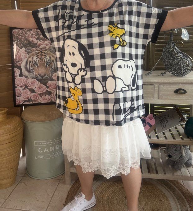 Top ample carreaux noir Snoopy & Woodstock du 38 au 48/50 