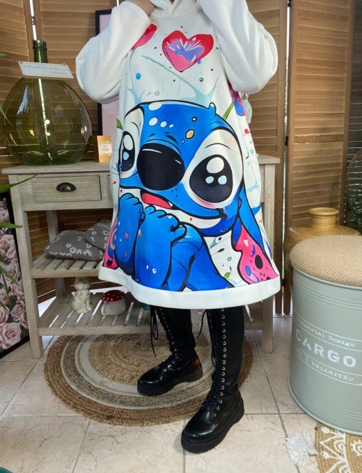 Sweat à capuche long ou robe sweat blanc Stitch. in Love du 40 au 52 