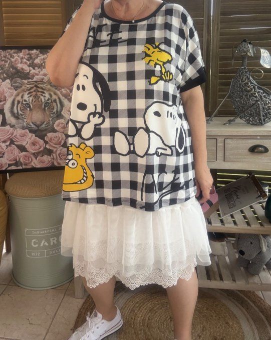Top ample carreaux noir Snoopy & Woodstock du 38 au 48/50 