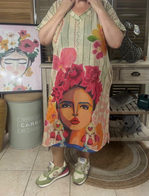 Robe mi-longue lurex beige pailleté doré Frida Kahlo revisitée Mexican Spirit du 36 au 46