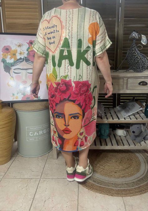 Robe mi-longue lurex beige pailleté doré Frida Kahlo revisitée Mexican Spirit du 36 au 46