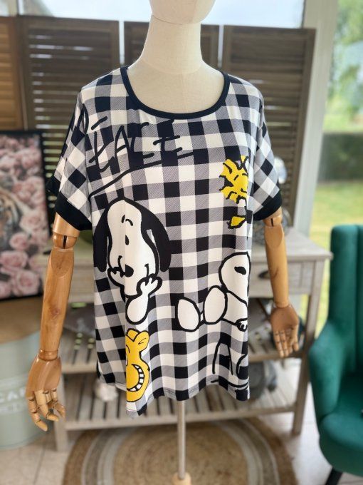 Top ample carreaux noir Snoopy & Woodstock du 38 au 48/50 