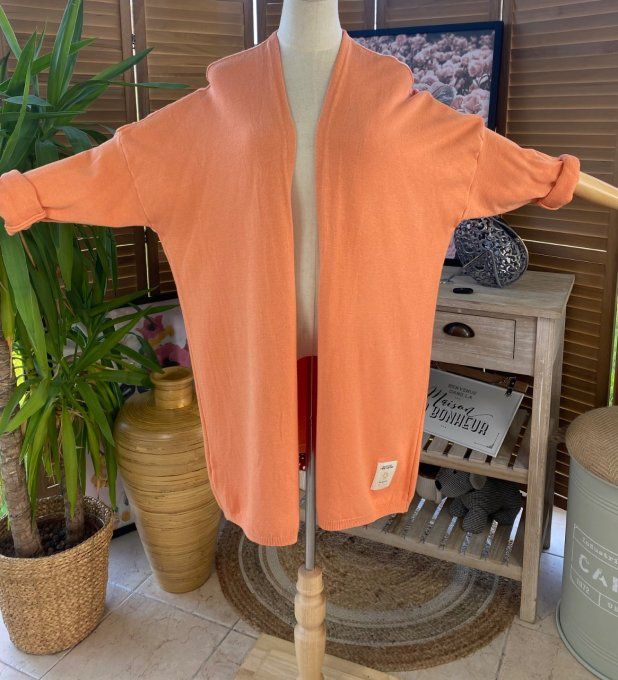 Gilet long sans laine ample orange abricoté douceur ++++ du 38 au 50/52 