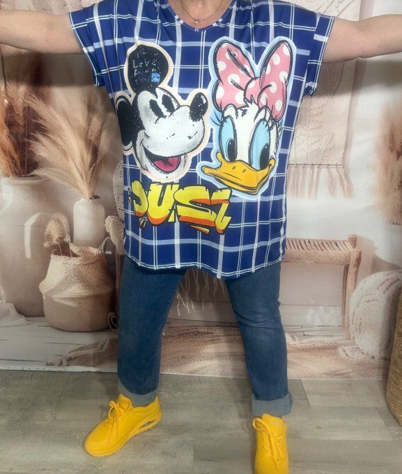 Tee-shirt fin ample lycra carreaux marine Mickey & Daisy du 40 au 52/54