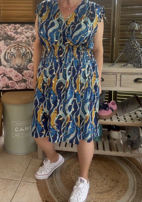 Robe dite "magique" ultra extensible arabesques tons bleus bulles dorées or du 38 au 50/52