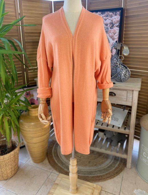 Gilet long sans laine ample orange abricoté douceur ++++ du 38 au 50/52 