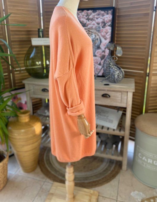 Gilet long sans laine ample orange abricoté douceur ++++ du 38 au 50/52 