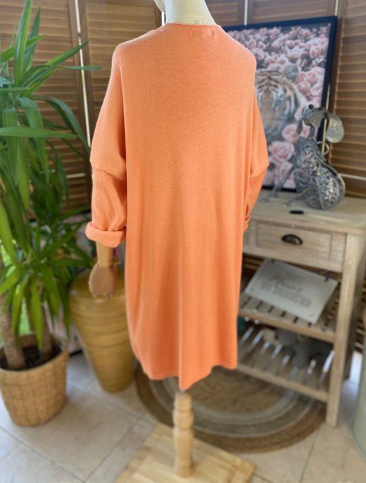 Gilet long sans laine ample orange abricoté douceur ++++ du 38 au 50/52 