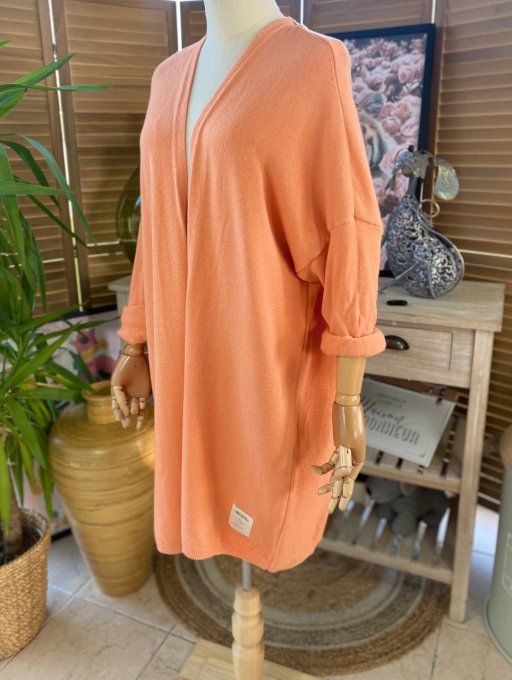 Gilet long sans laine ample orange abricoté douceur ++++ du 38 au 50/52 